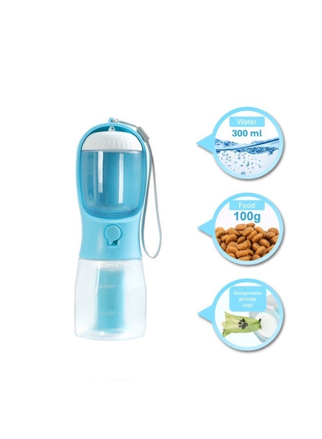 زجاجة مياه وطعام للحيوانات الأليفة للقطط والكلاب مع كيس نفايات، كوب سفر محمول، 3 في 1 أزرق 300 مل - Image 2