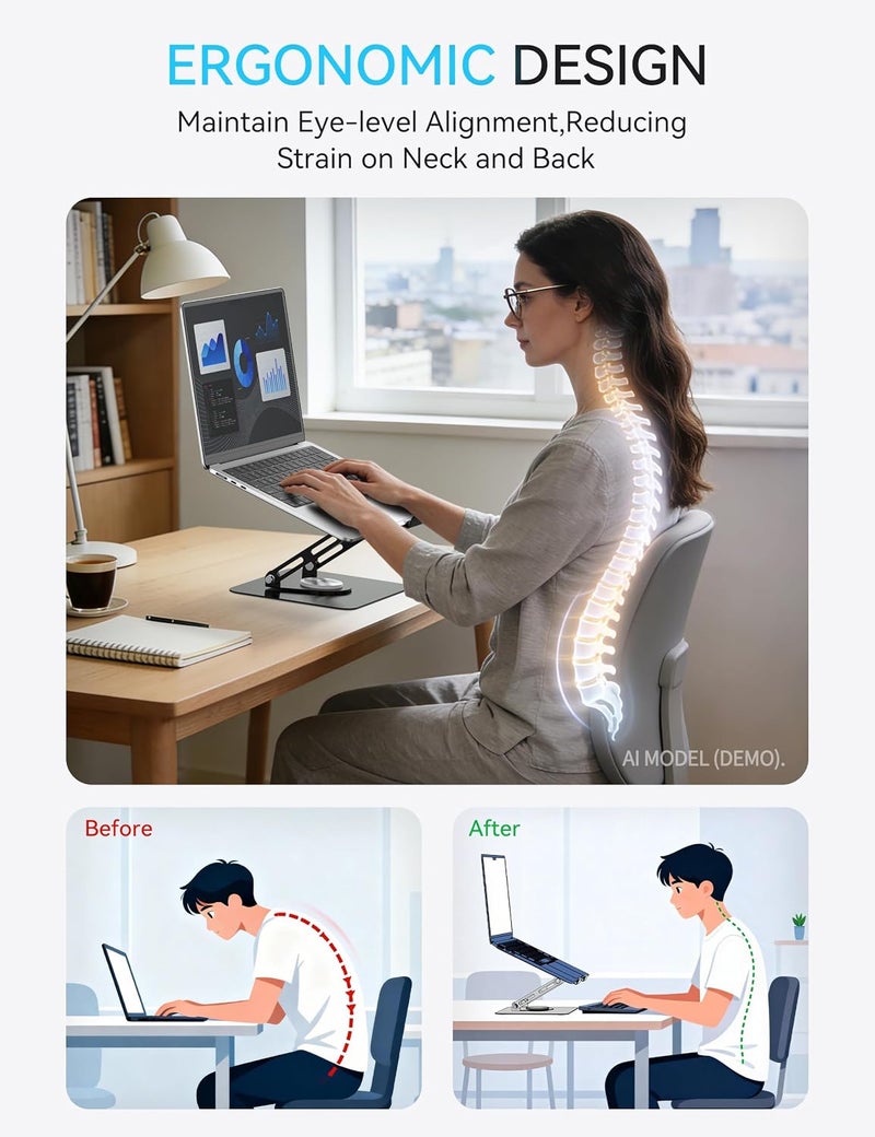 SOUNDANCE Laptop Stand with 360° Rotating Base, Ergonomic Computer Riser for Desk, Adjutable Height Muti-Angle, Foldable Laptop Mount, Stable Metal Holder Support 10-15.6" Notebook PC, Black - Image 5