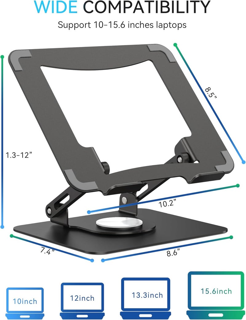 SOUNDANCE Laptop Stand with 360° Rotating Base, Ergonomic Computer Riser for Desk, Adjutable Height Muti-Angle, Foldable Laptop Mount, Stable Metal Holder Support 10-15.6" Notebook PC, Black - Image 3