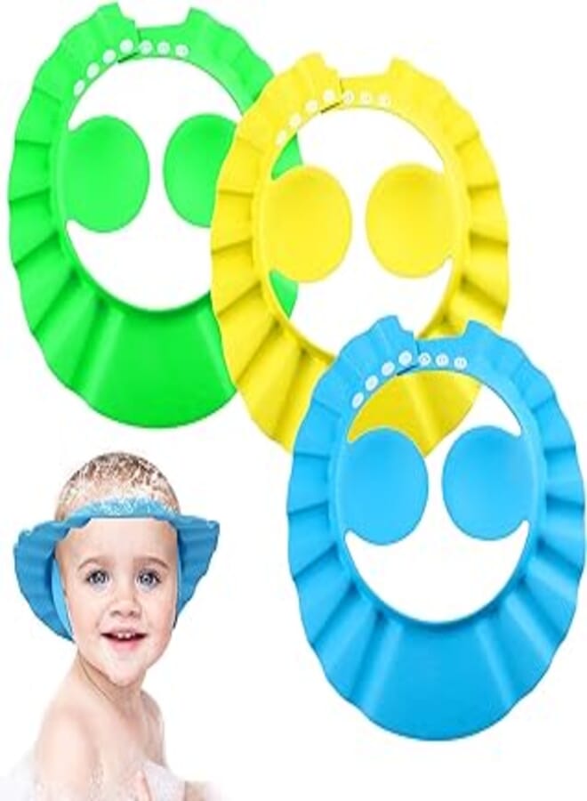 FEBSNOW Baby Shower Cap for Boy Adjustable Toddler Bath Shampoo Hat with Ear Protection 3Pcs Children Wash Hair Foam Shield Hats Protect Your Baby Eyes