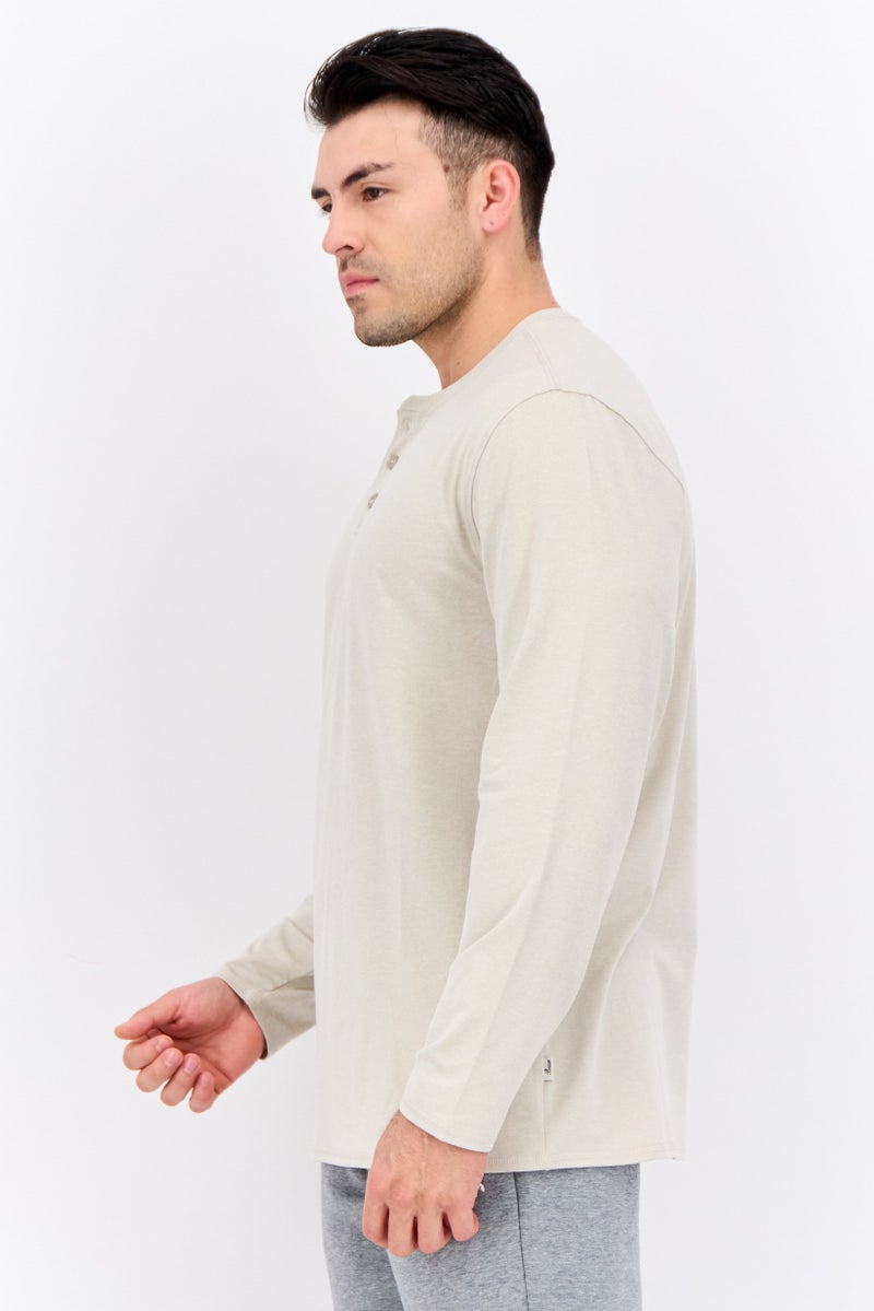 Beause Men Henley Neck Long Sleeves Heather T-Shirt, Beige  - Image 2