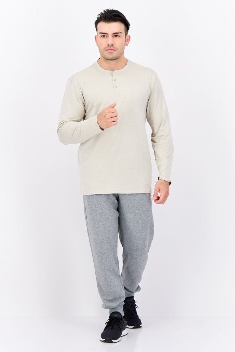 Beause Men Henley Neck Long Sleeves Heather T-Shirt, Beige  - Image 4