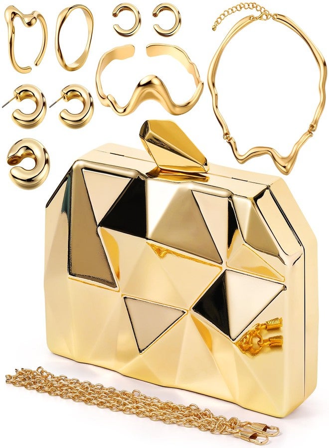 Jadive 8 Pcs Gold Clutch Purse for Women Evening Prom Dresses Prom Metallic Handbag Earrings Necklace Rings for Wedding Banquet Retro Jewelry Set - Image 1