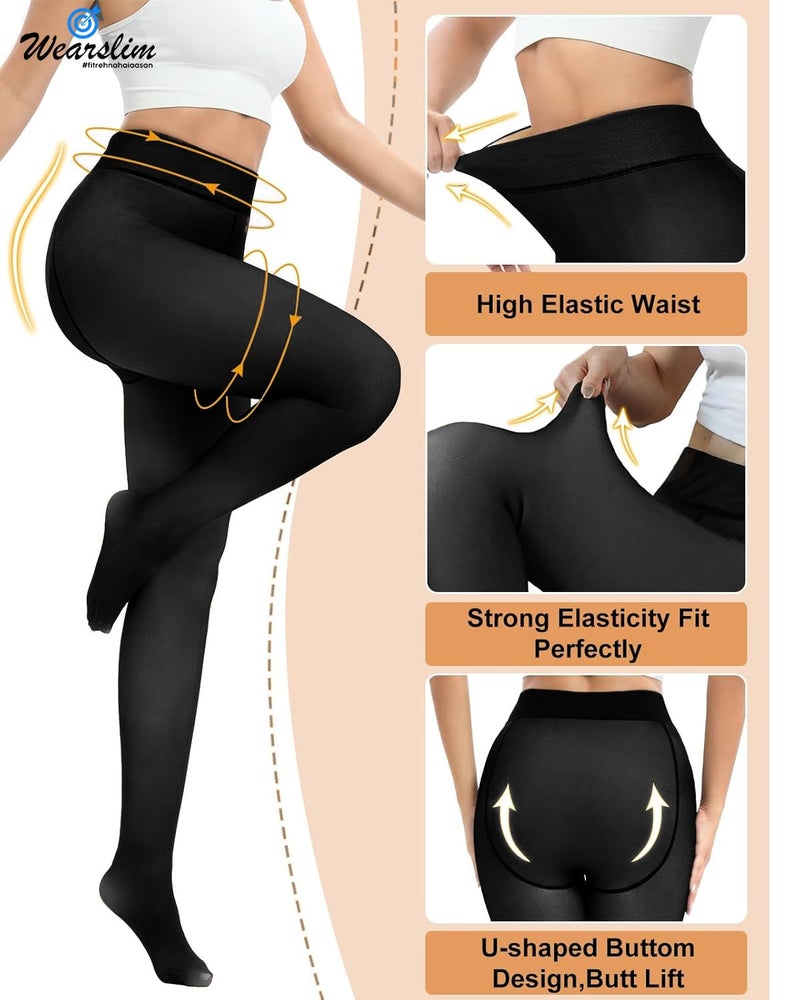 Wearslim Thermal Bottom for Women, Black Soft Fur Semi Opaque Fleece Lined Leggings, Stretchable Winter Wear Tights for Workout & Yoga High Waisted Warm Gym Pant - (Size: 29 to 30) Inch - Zed Black - Image 2