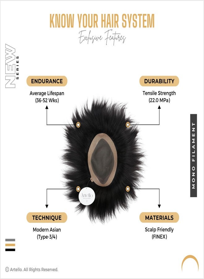 Artello® MONOFILAMENT Smart Hair Patch for Men, Soft Hair Wig in 100% Natural Human Hair, Easy Fit with Tape, Glue or Clips, 1D Mono Base (Colour: Indian Black) (9x6) - Image 5