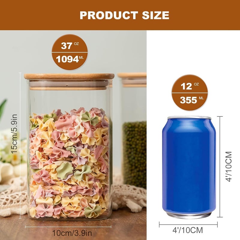 Wells Square Glass Jars with Bamboo Lids 37OZ 1100ml, Glass Canisters with Airtight Lids, Food Storage Containers for Coffee, Sugar, Tea, Candies, Cookies,Best for Kitchen Pantry, Set of 6 - Image 2