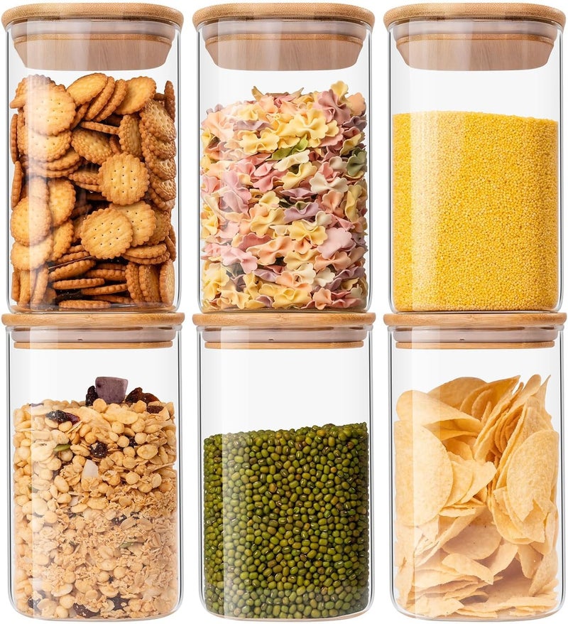 Wells Square Glass Jars with Bamboo Lids 37OZ 1100ml, Glass Canisters with Airtight Lids, Food Storage Containers for Coffee, Sugar, Tea, Candies, Cookies,Best for Kitchen Pantry, Set of 6 - Image 1