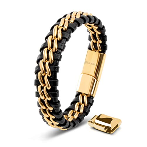SERASAR Mens Bracelets 23cm Gold Gift Box Genuine Leather Cowhide Braided Adjust Able Magnetic Clasp Multi Layer Wrap Jewellery Rope Man Mans Male Band Jewelry Accessories - Image 1