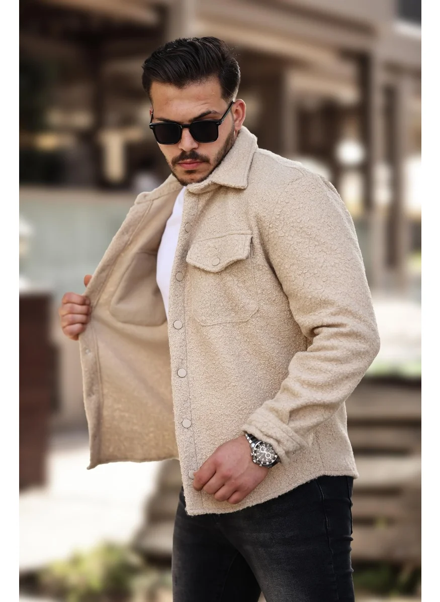 Miron Beige Curly Textured Fabric Shirt Collar Pocket Regular Fit Jacket - 2309