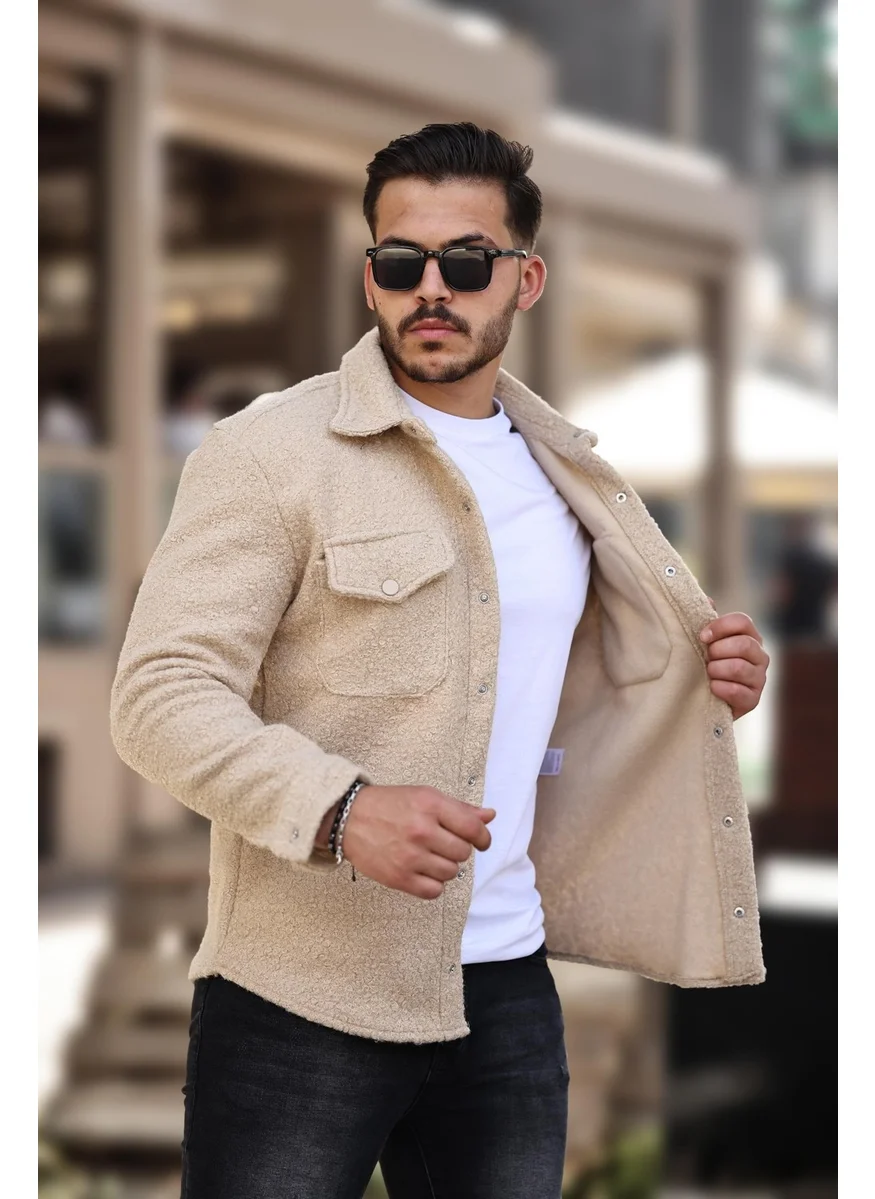 Miron Beige Curly Textured Fabric Shirt Collar Pocket Regular Fit Jacket - 2309