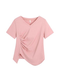 Summer Chubby Girls Plus Size Women's Clothing Niche Design Sense V-neck Short-sleeved Top Shrink Slimming Irregular T-shirt 62370