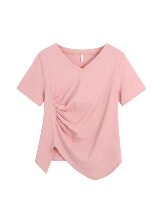 Generic - Summer Chubby Girls Plus Size Women's Clothing Niche Design Sense V-neck Short-sleeved Top Shrink Slimming Irregular T-shirt 62370 - Image 1