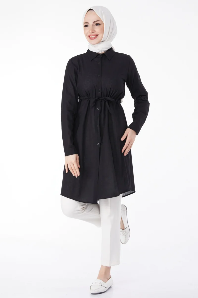 Tofisa Plain Mid Women's Black Waist Tunic with Tunnel Detail - 13157