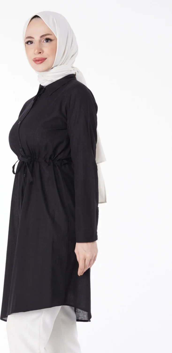 Tofisa Plain Mid Women's Black Waist Tunic with Tunnel Detail - 13157