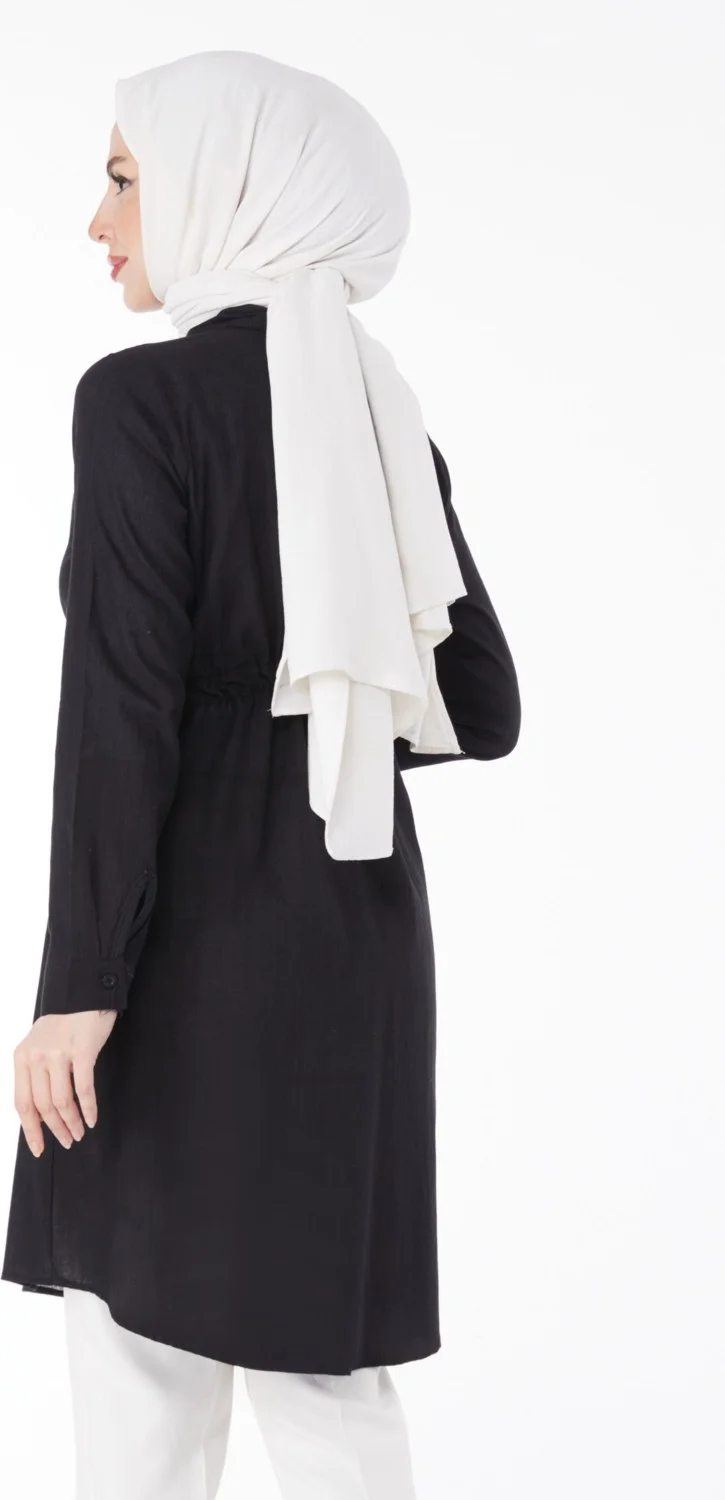 Tofisa Plain Mid Women's Black Waist Tunic with Tunnel Detail - 13157