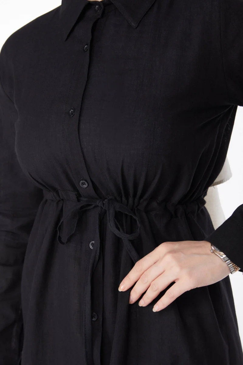 Tofisa Plain Mid Women's Black Waist Tunic with Tunnel Detail - 13157