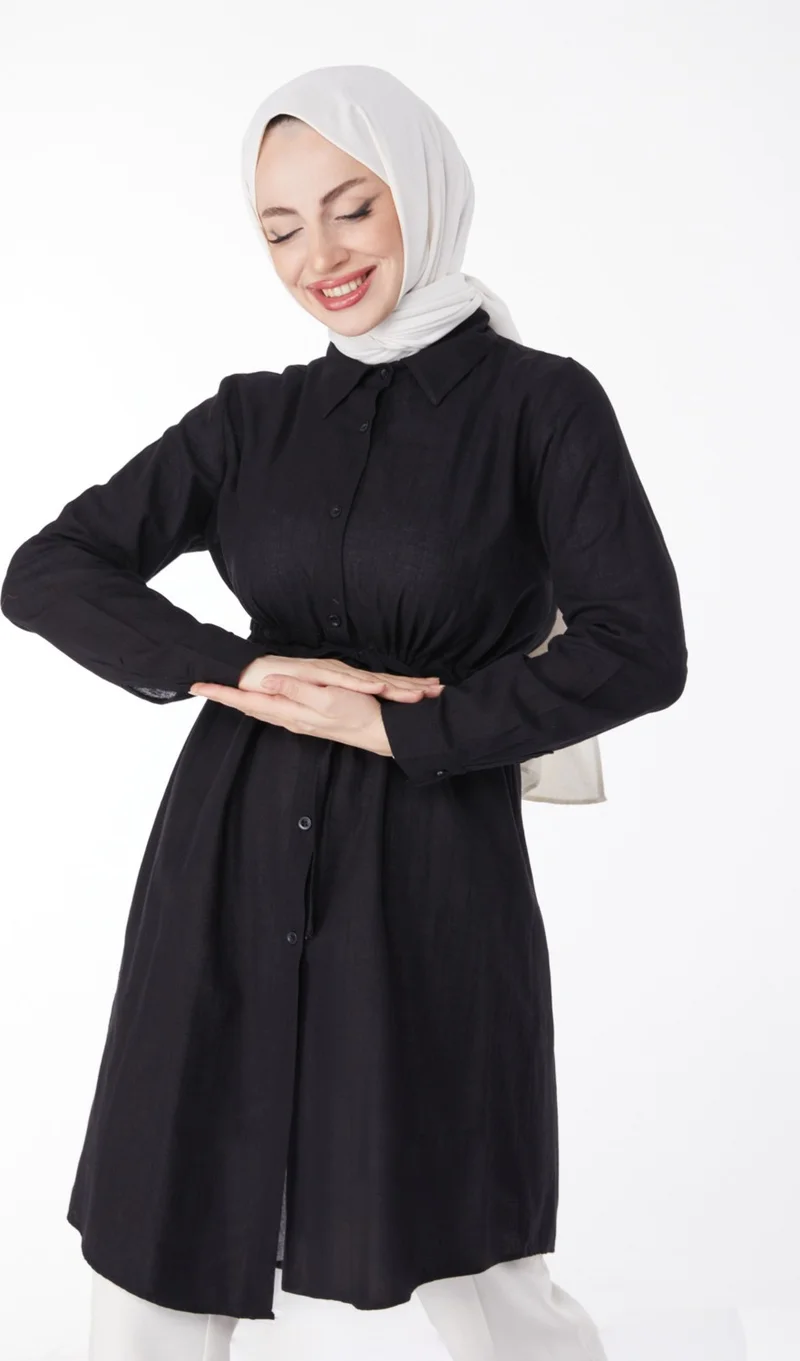 Tofisa Plain Mid Women's Black Waist Tunic with Tunnel Detail - 13157