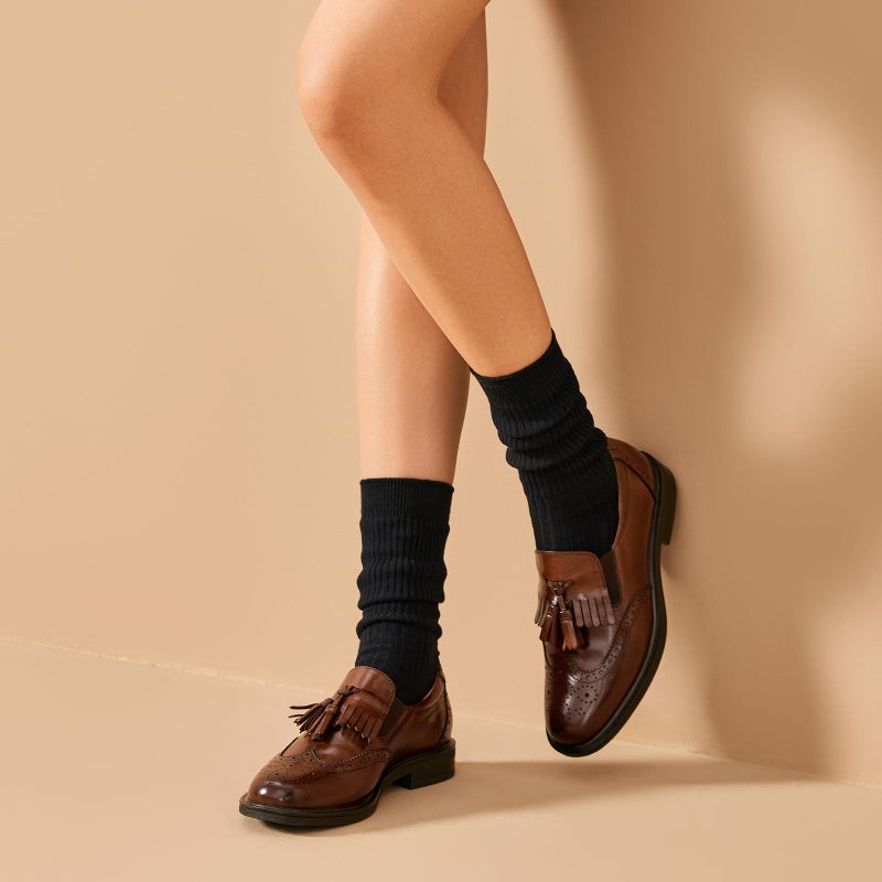 BEAU TODAY Tassel Loafers for Women,Leather Brogue Dress Shoes,Wingtips Oxford for Women,Breathable Comfortable Slip-on Lace-up Handmade Flat Shoes for Business Work Coffee US 5.5 - Image 3