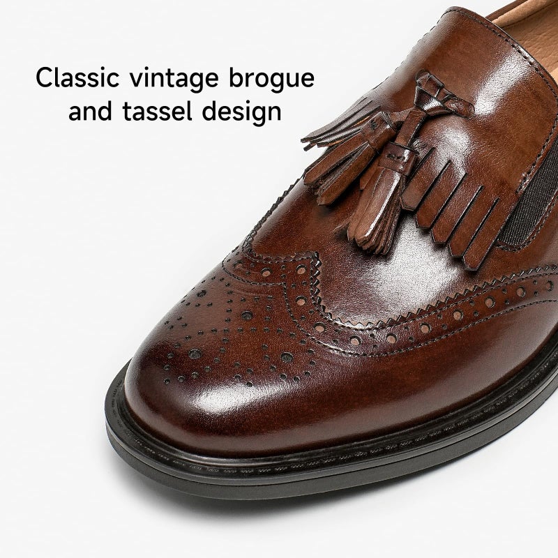 BEAU TODAY Tassel Loafers for Women,Leather Brogue Dress Shoes,Wingtips Oxford for Women,Breathable Comfortable Slip-on Lace-up Handmade Flat Shoes for Business Work Coffee US 5.5 - Image 4