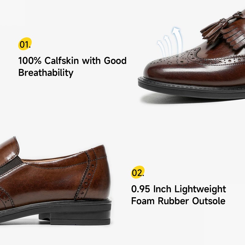 BEAU TODAY Tassel Loafers for Women,Leather Brogue Dress Shoes,Wingtips Oxford for Women,Breathable Comfortable Slip-on Lace-up Handmade Flat Shoes for Business Work Coffee US 5.5 - Image 5
