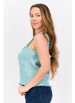 MANGO Women Sweetheart Neck Sleeveless Allover Print Top, Green Combo  - Image 4