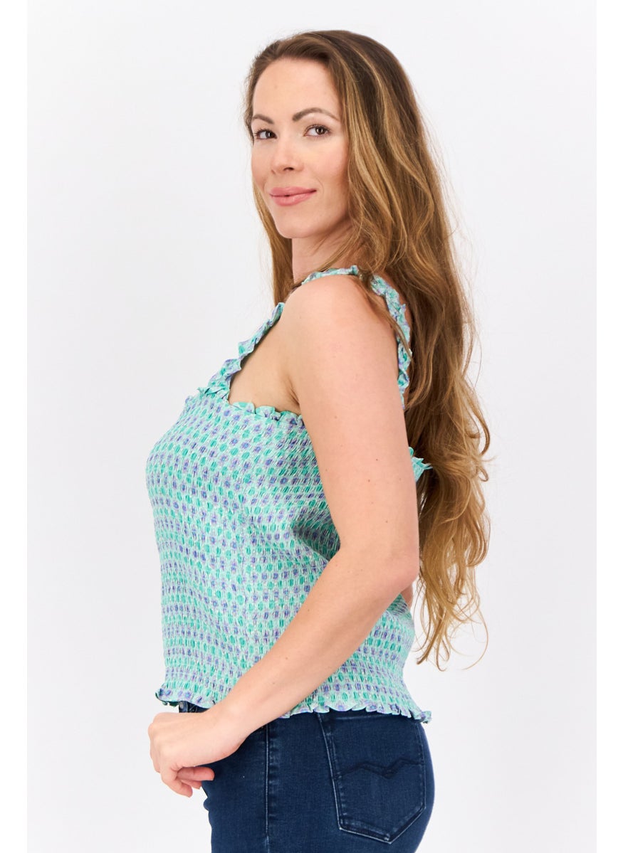MANGO Women Sweetheart Neck Sleeveless Allover Print Top, Green Combo  - Image 4