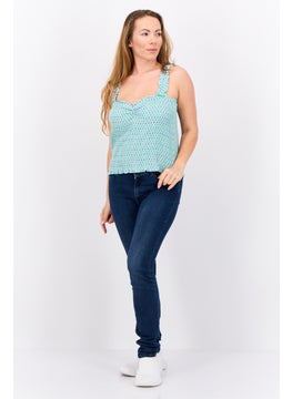 MANGO Women Sweetheart Neck Sleeveless Allover Print Top, Green Combo  - Image 3