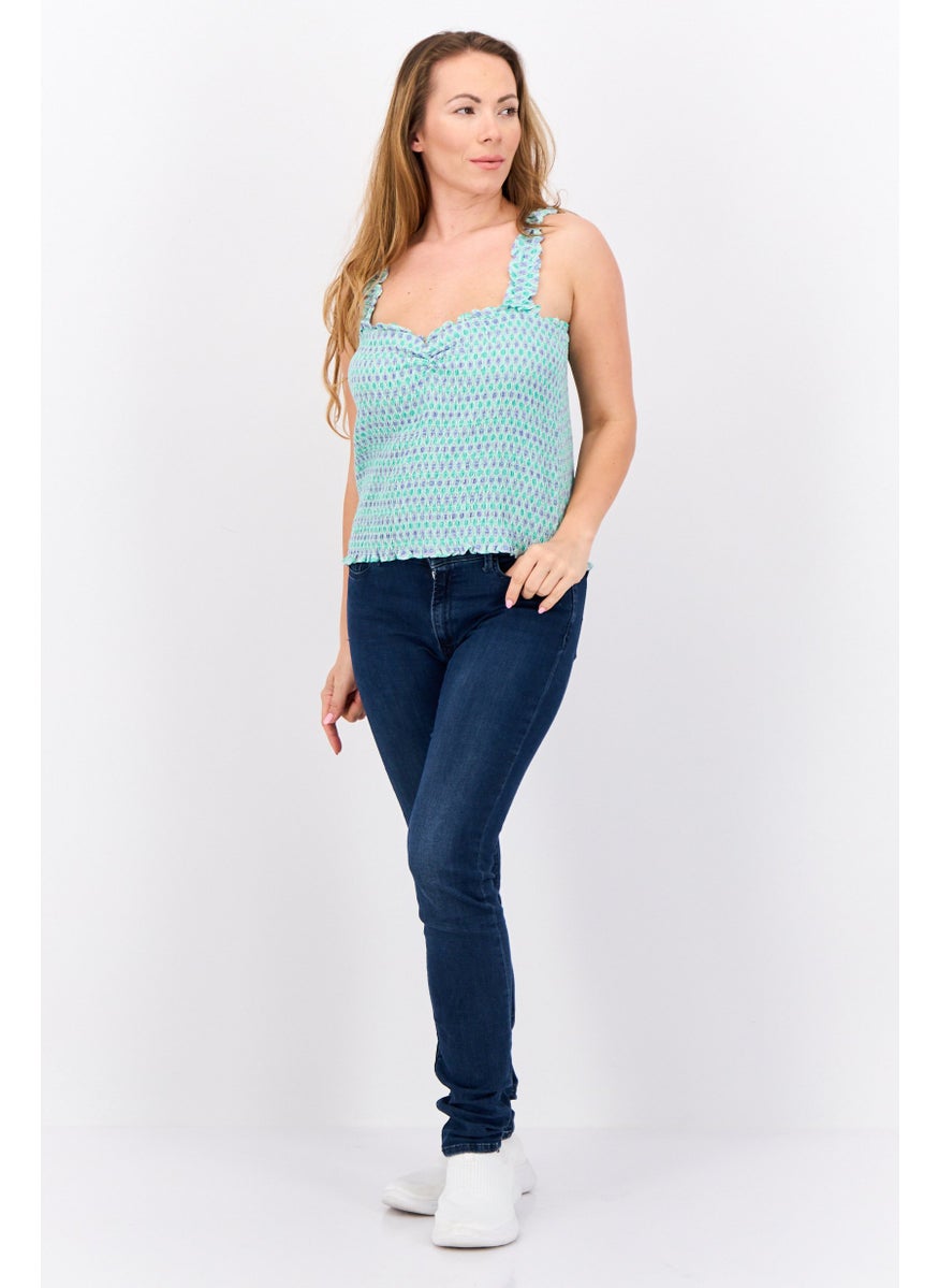 MANGO Women Sweetheart Neck Sleeveless Allover Print Top, Green Combo  - Image 3