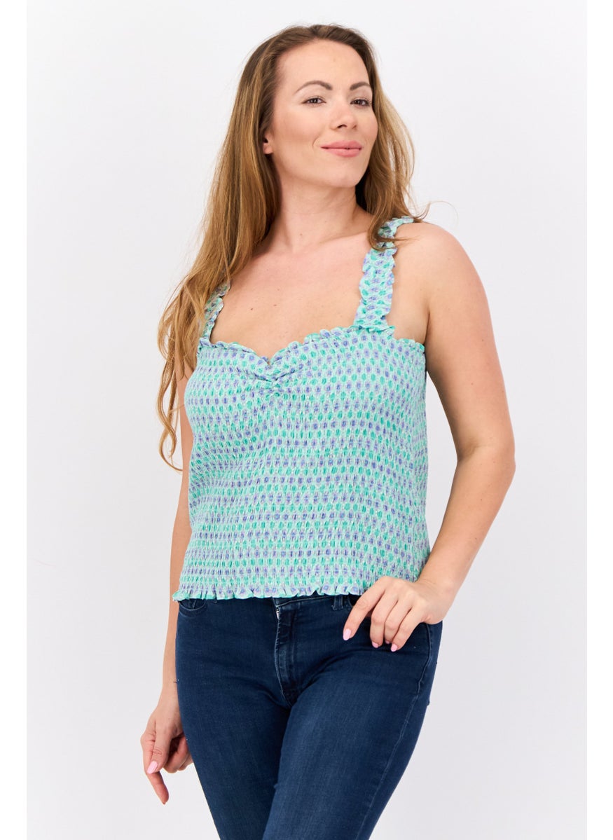 MANGO Women Sweetheart Neck Sleeveless Allover Print Top, Green Combo  - Image 1