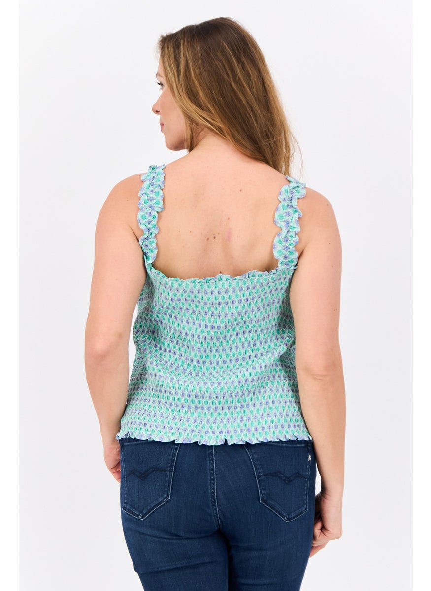 MANGO Women Sweetheart Neck Sleeveless Allover Print Top, Green Combo  - Image 2
