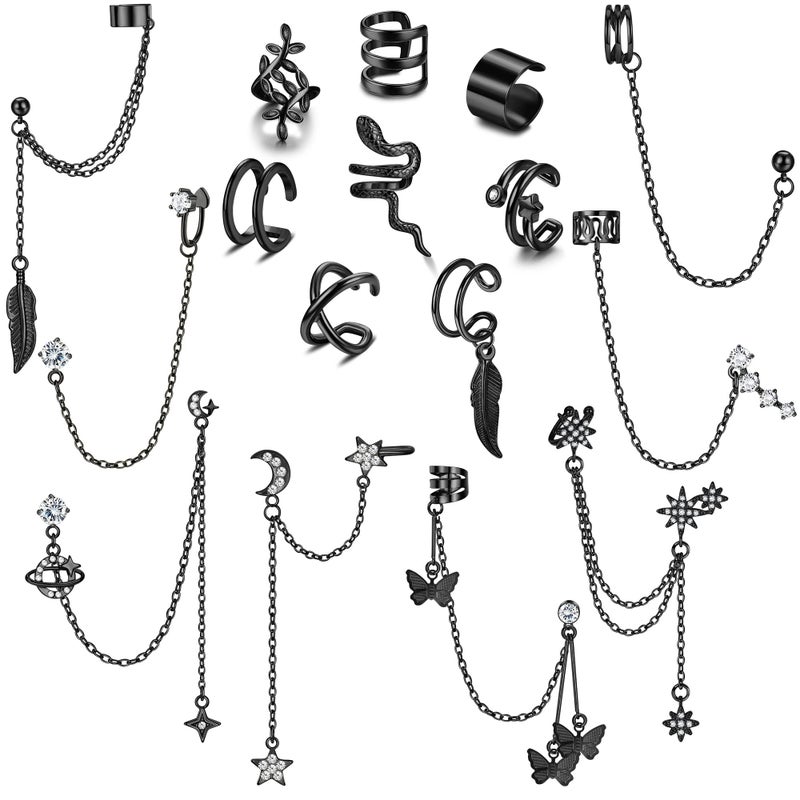 Jstyle 16 Pcs Ear Cuff Earrings for Women Cuff Chain Earrings Helix Cartilage Cuff Earring Non Piercing Earring Black Tone - Image 1