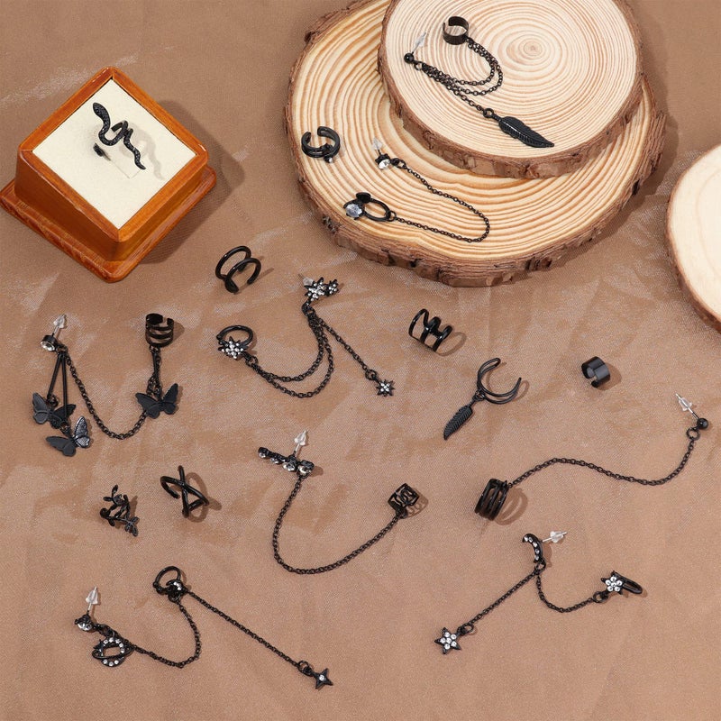 Jstyle 16 Pcs Ear Cuff Earrings for Women Cuff Chain Earrings Helix Cartilage Cuff Earring Non Piercing Earring Black Tone - Image 3