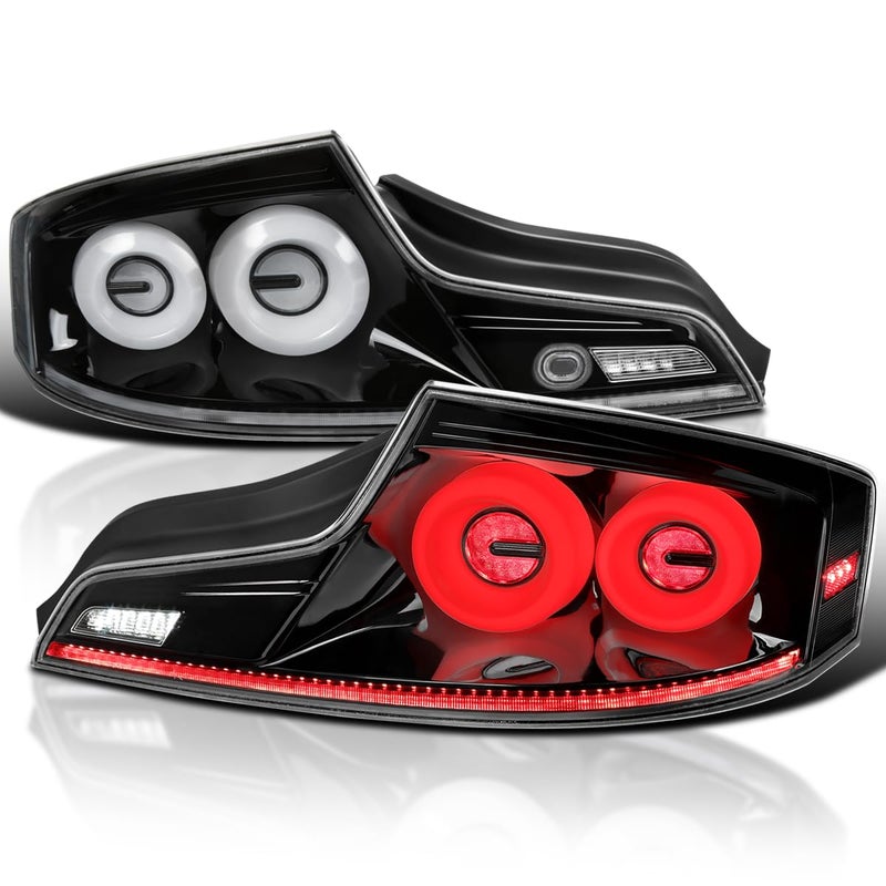 SPECD TUNING Jet Black Full LED Tail Lights wWhite Fiber Optic Halo Ring Sequential Turn Signal and Startup Animation Compatible with 20032007 Infiniti G35 Left Right Pair Assembly