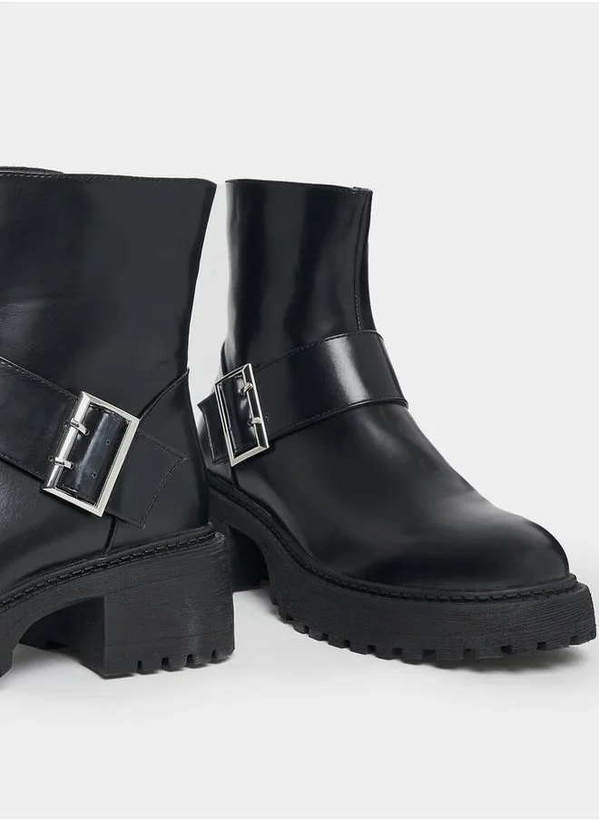 RAID Solid Buckle Detail Biker Ankle Boots by Styli