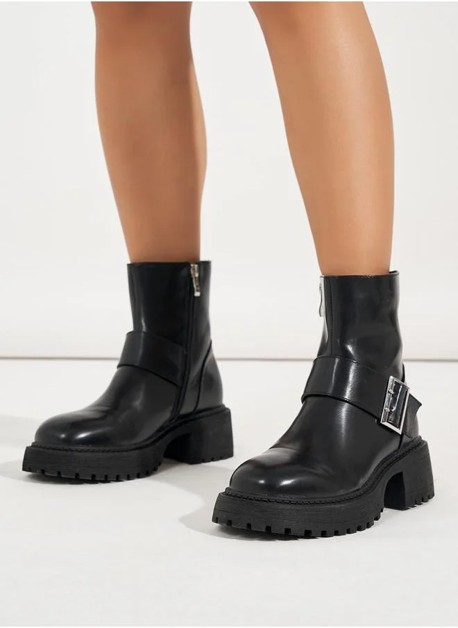 RAID Solid Buckle Detail Biker Ankle Boots by Styli