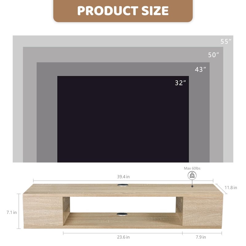 GHC Floating TV Stand, Wall Mounted Entertainment Center and Cabinet Shelf, TV Console with Storage, Media Console for DVD Player, Space-Saving Under TV Shelf for Living Room (Natural Oak) - Image 2