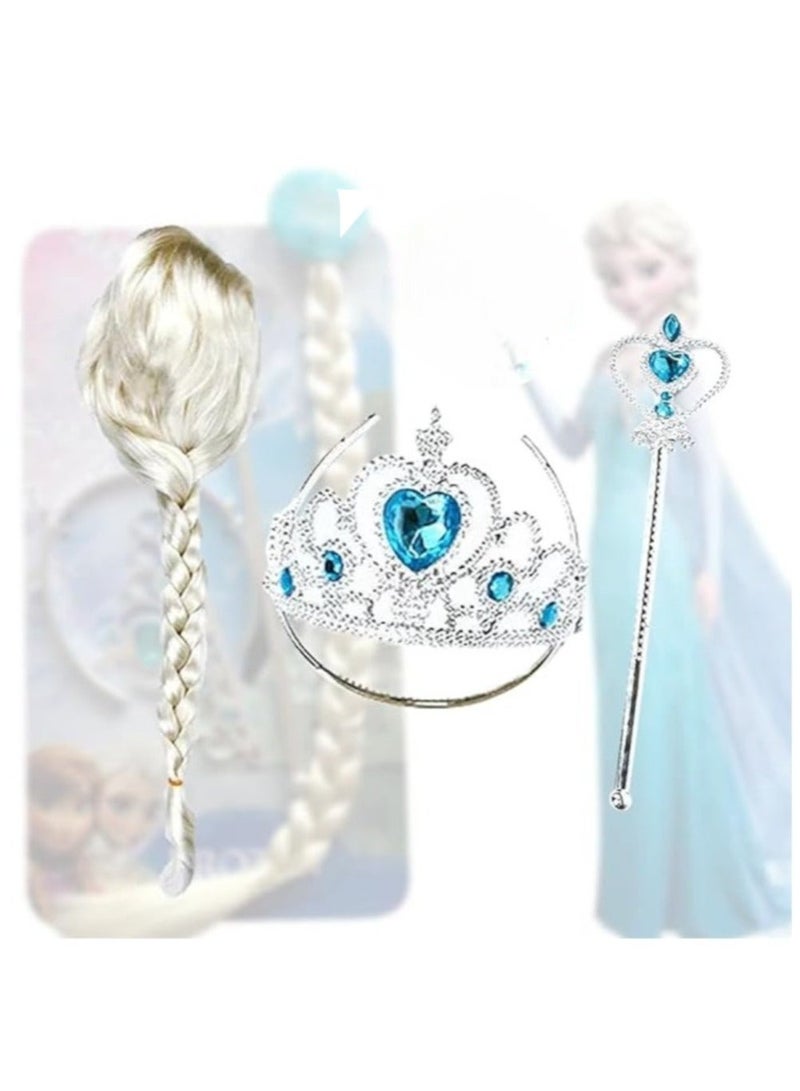 Toy Box 3-Pieces Set Frozen Elsa Cosplay Tiara Girl Hair Accessories Set Crown Wig Wand - Image 1