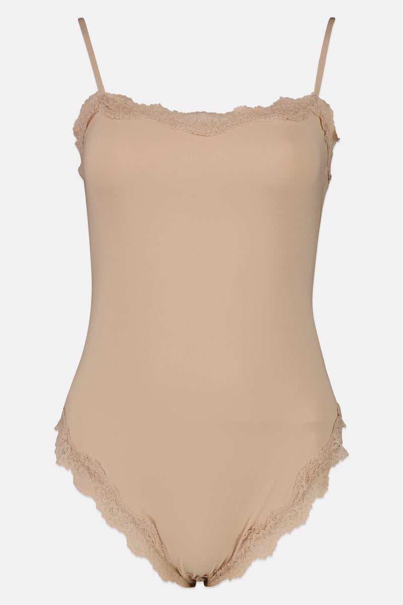 Rene Rofe Women Plain Sleeveless Bodysuit, Beige - Image 2