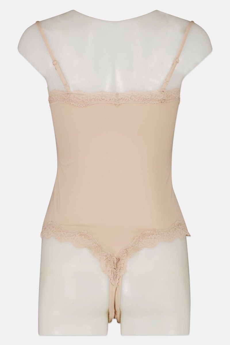 Rene Rofe Women Plain Sleeveless Bodysuit, Beige - Image 3