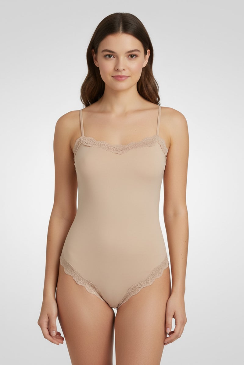 Rene Rofe Women Plain Sleeveless Bodysuit, Beige - Image 1