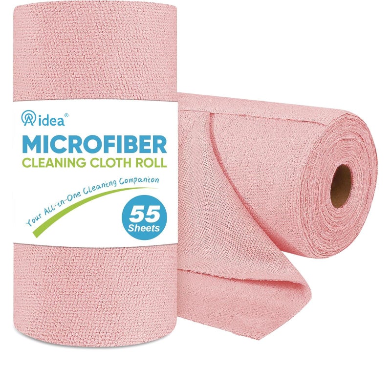 AIDEA Microfiber Cleaning Cloth Roll, 55 Sheets, Pink Towel, Microfiber Towels for Cars, Reusable Paper Towels, Shop Rags Washable, Cleaning Rags for Automotive, House, Kitchen, Cleaning Supplies11Ã—9" - Image 1