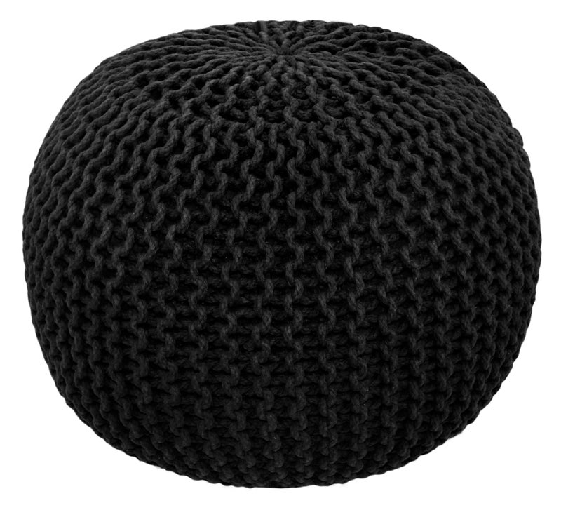 COTTON CRAFT Round Pouf Hand Knitted Cotton Braid Cord Cable Dori Ottoman Foot Stool Floor Pouf Footrest Accent Seat Furniture Bean Bag Living Room Kids Room Nursery Dorm Dcor 20x14 Black