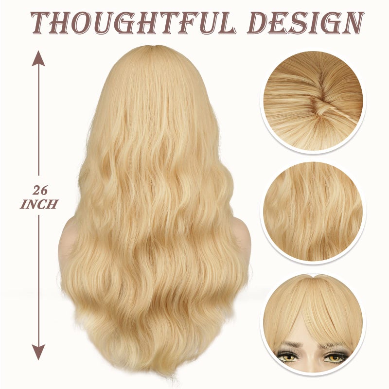 BARSDAR Long Wavy Blonde Wig With Bangs - 26 Inch Long Wavy Blonde Wig with Bangs for Women - Thick Soft Synthetic Hair Replacement Wigs Natural Looking Daily Cosplay Party Halloween - Image 3