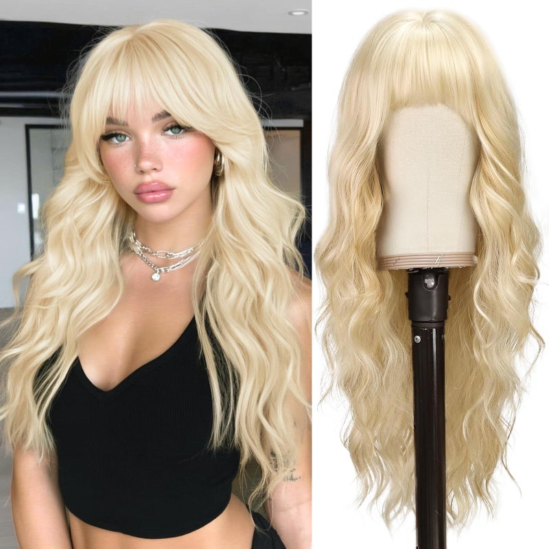BARSDAR Long Wavy Blonde Wig With Bangs - 26 Inch Long Wavy Blonde Wig with Bangs for Women - Thick Soft Synthetic Hair Replacement Wigs Natural Looking Daily Cosplay Party Halloween - Image 1