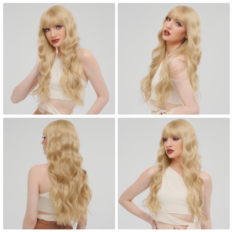 BARSDAR Long Wavy Blonde Wig With Bangs - 26 Inch Long Wavy Blonde Wig with Bangs for Women - Thick Soft Synthetic Hair Replacement Wigs Natural Looking Daily Cosplay Party Halloween - Image 4