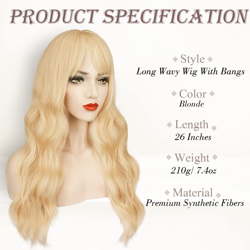 BARSDAR Long Wavy Blonde Wig With Bangs - 26 Inch Long Wavy Blonde Wig with Bangs for Women - Thick Soft Synthetic Hair Replacement Wigs Natural Looking Daily Cosplay Party Halloween - Image 2