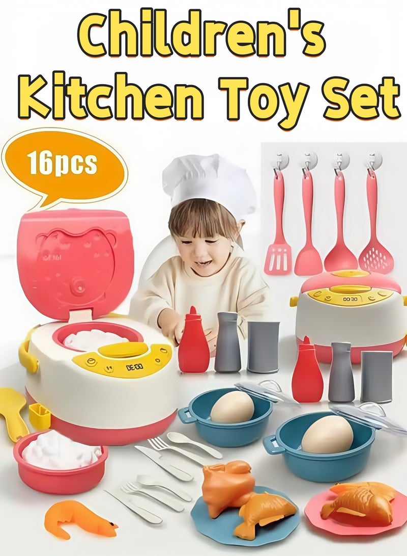 Children's Kitchen Toy Set，Cut Play Food Toys Vegetables Set with Non-toxic Material，16PCS Kitchen Pretend Play Toy Set，Children Role Play Cookware Indoor DIY Kitchen Toy Games Kitchen Accessories Toys Sets（pink） - Image 1