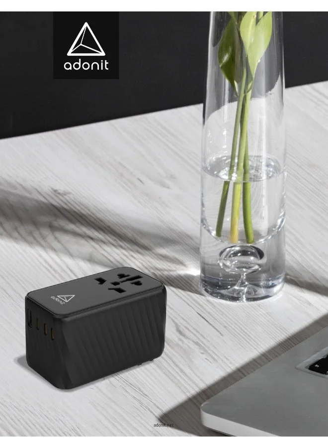 ADONIT ADOPT 2 GaN Universal Travel Adapter| International Wall Charger w/ PD 120W Ultra Fast Charge, 4xUSB-C, 1xUSB-A, EU UK USA AUS Plug, for Macbooks, laptops, tablets, phones, Airpods - Black