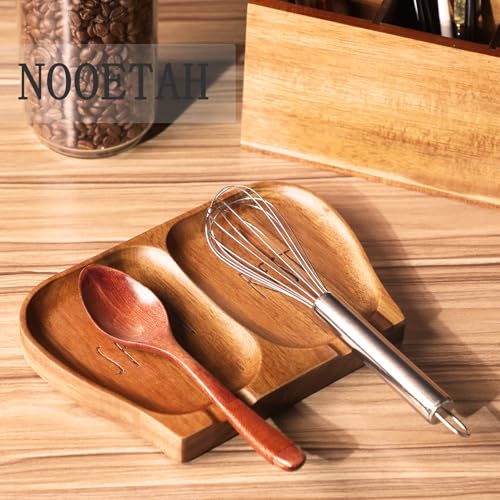 NOOETAH Large Acacia Wood Spoon Rest, Double Wooden Spoon Holder With Non Slip Silicone Feet, Handmade Kitchen Rest for Kitchen Countertop (Brown(Labeled "SPOON REST")) - Image 2