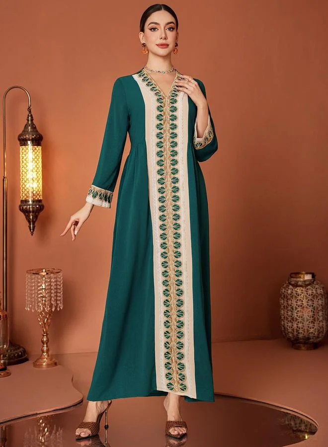 تايك تو Take Two Embroidered Lace Insert Long Sleeve Jalabiya